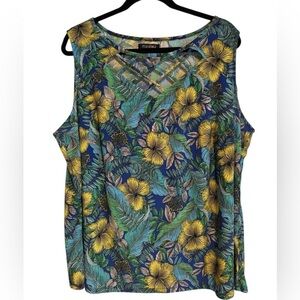 Roz & Ali Blue Green Sleeveless Tank Top Tropical Print